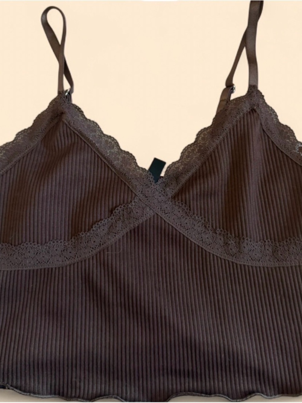 Ribbed Lace Trim Cami - Chocolate Brown